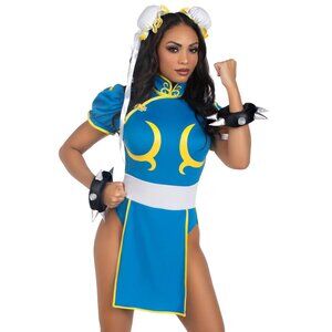 Chun-Li Costume for Women – 3 PC Bodysuit Dress with Signature Details